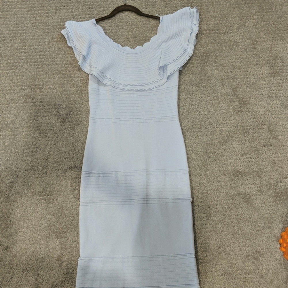 Eliza J blue ruffle off shoulder dress